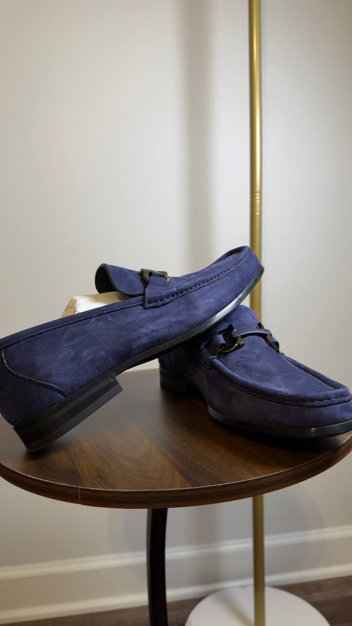 Ferragamo  Gancini  Loafers  Blue  Suede  8.5  New  in  Box  $950
