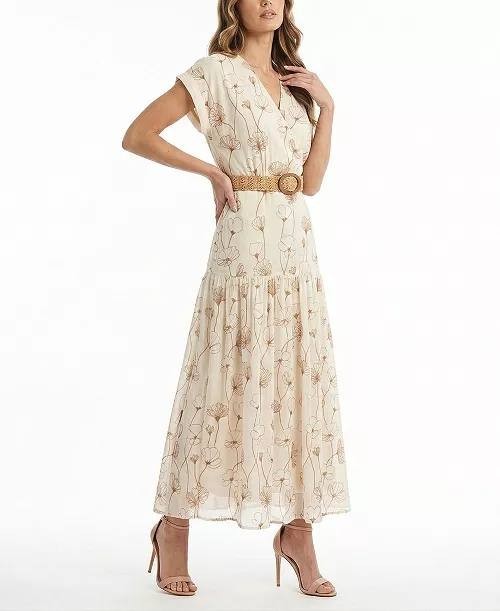 Taylor Embroidered V‑Neck Belted Dress Vanilla Walnut 14 NWT $149