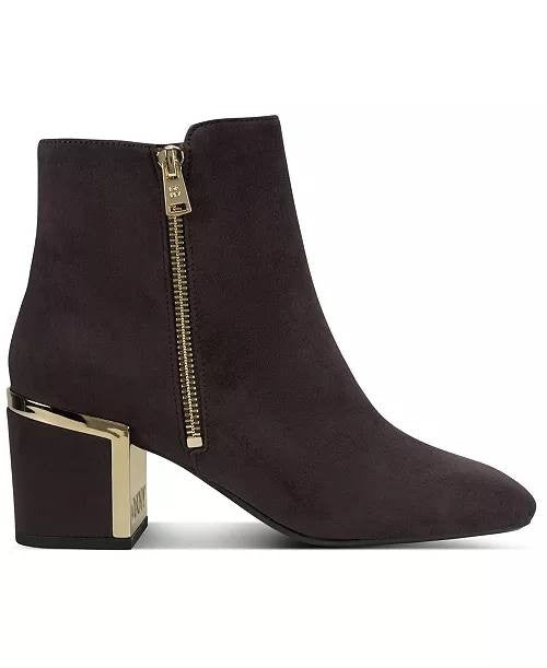 DKNY Kylah Block Heel Booties Brown Suede Women’s 7.5 NWB Square Toe $159