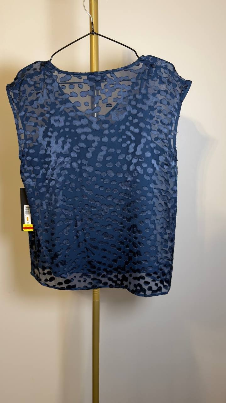 Donna Karan New York Cap‑Sleeve Silk‑Blend Burnout Blouse Blue XL NWT $129