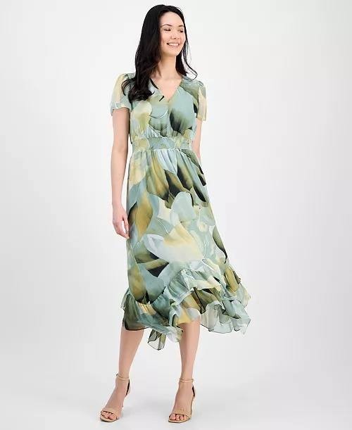 Anne Klein Floral Smocked-Waist Midi Dress – Green Multi, Size 8
