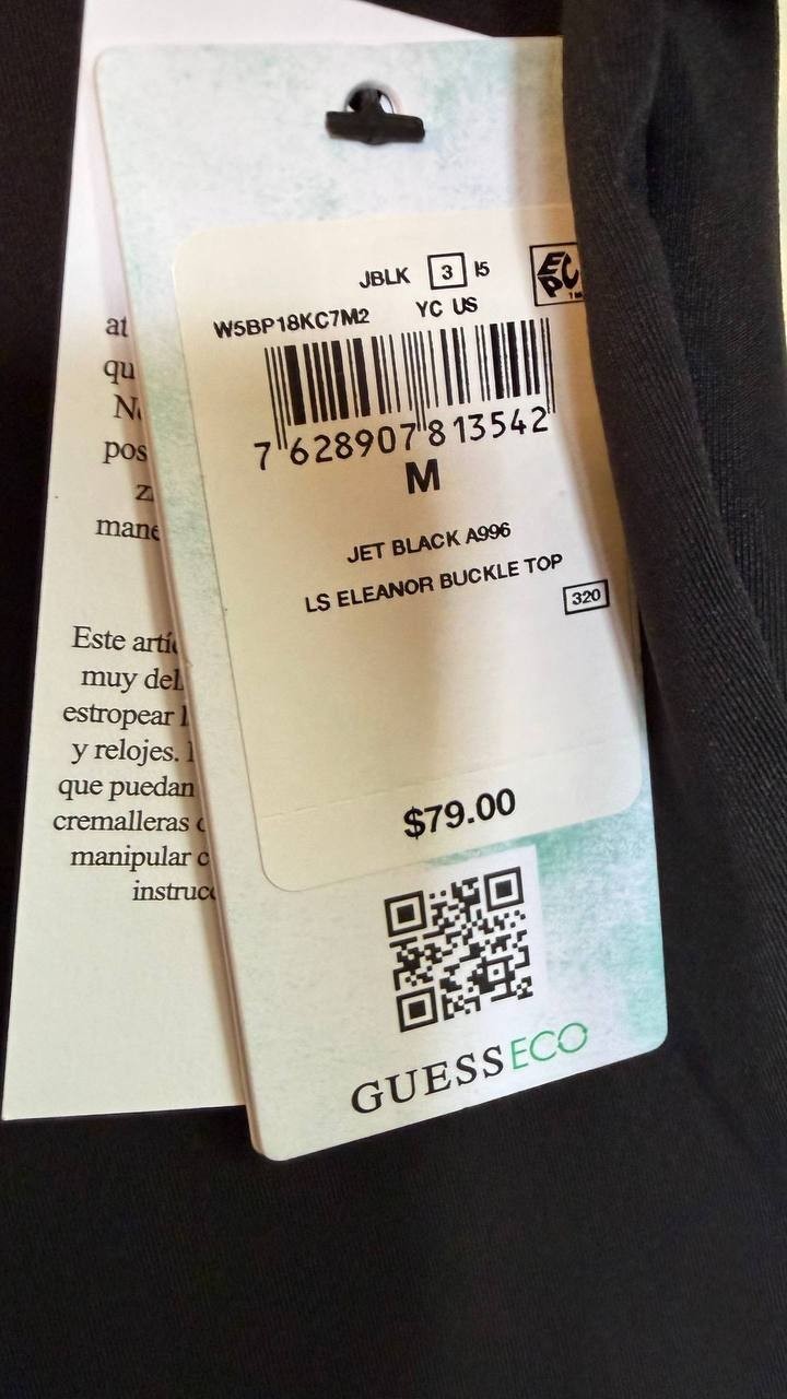Guess Eco Eleanor Buckle Long Sleeve Top Black Size M NWT $79