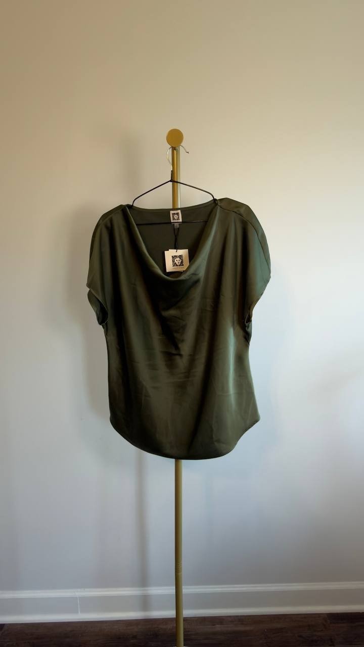Anne Klein Solid Cowlneck Short-Sleeve Blouse Olive L NWT $69