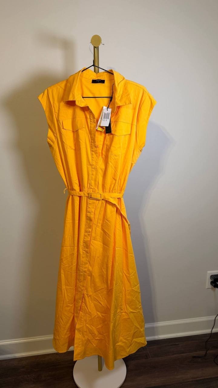 T Tahari Fit & Flare Belted Button Front Dress Mango Yellow 12 $158 NWT
