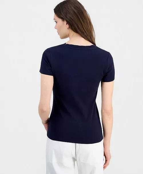 Nautica Scallop‑Trim Cotton Short‑Sleeve T‑Shirt Navy L NWT $39.50