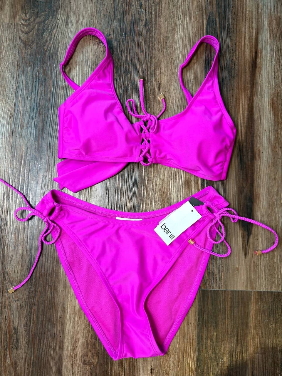 Bar III Unraveled Lace-Up Bikini Top Fuchsia S NWT $44