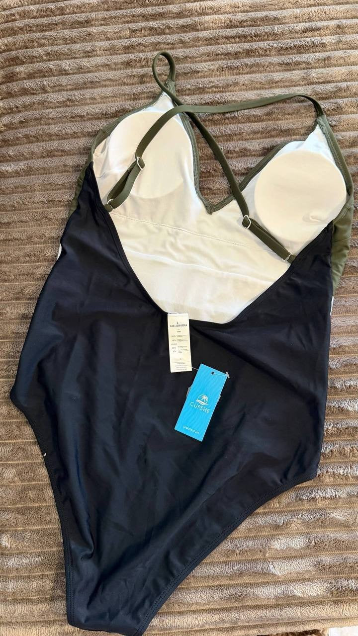 Cupshe Colorblock One‑Piece Swimsuit L NWT Black White Olive msrp$42