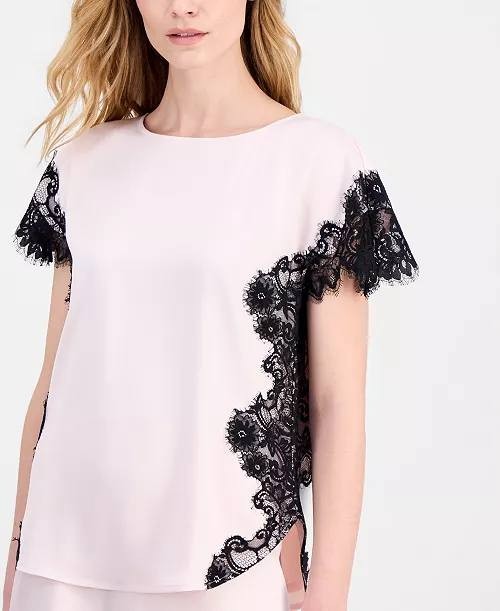 Anne Klein Lace‑Trim Satin Short‑Sleeve Top Soft Blossom L NWT $79