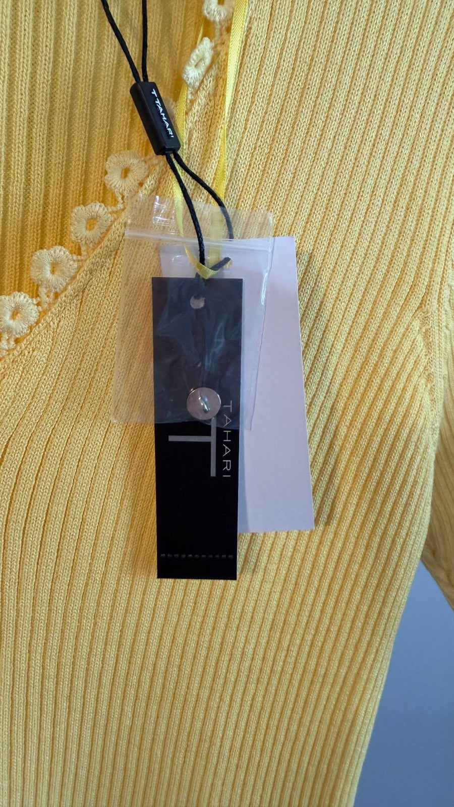 Tahari Women’s Ribbed Pointelle Button‑Front Sweater Yellow Sky $78 NWT