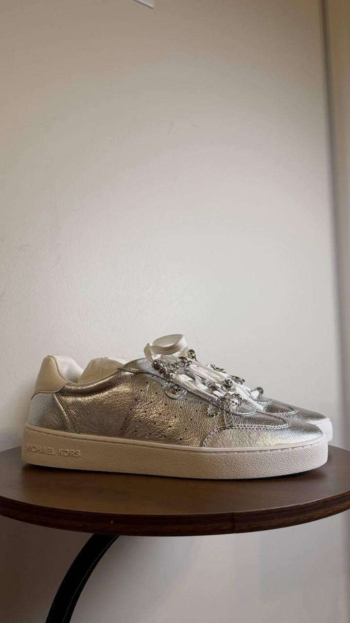 Michael Kors Scotty Lace Up Leather Sneakers Silver 8 Charms NWB MSRP $125