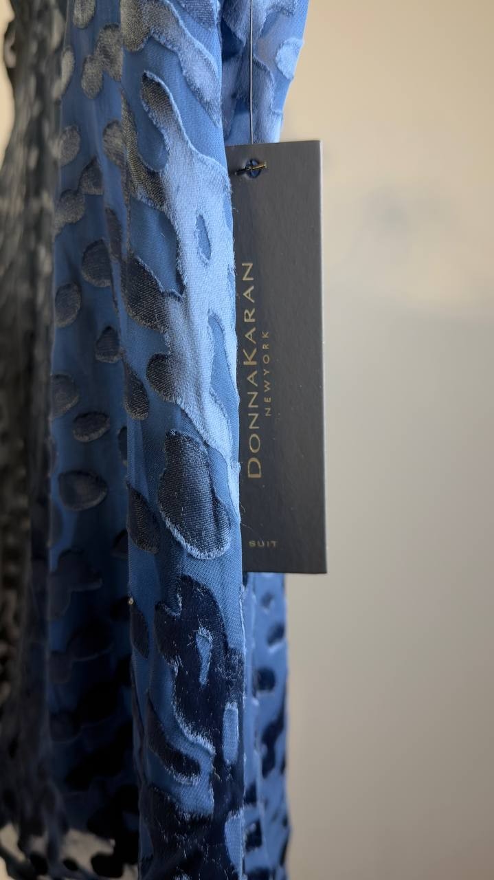 Donna Karan New York Cap‑Sleeve Silk‑Blend Burnout Blouse Blue XL NWT $129