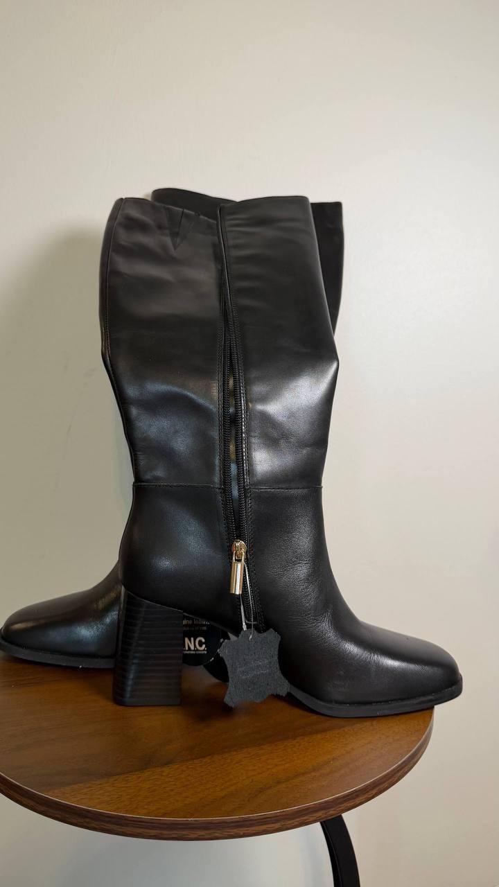 INC Elani Boots 9M Black Beauty Leather Knee‑High Square Toe NIB msrp$189.90