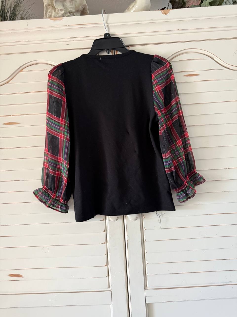 Jones New York Plaid-Sleeve Crewneck Top, Black PS Petite NWT New with Tags