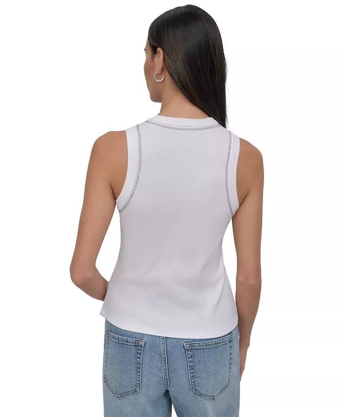 DKNY Rhinestone Trim Ribbed Tank Top White  Size PS NWOT needs washing