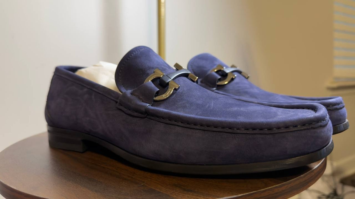 Ferragamo  Gancini  Loafers  Blue  Suede  8.5  New  in  Box  $950