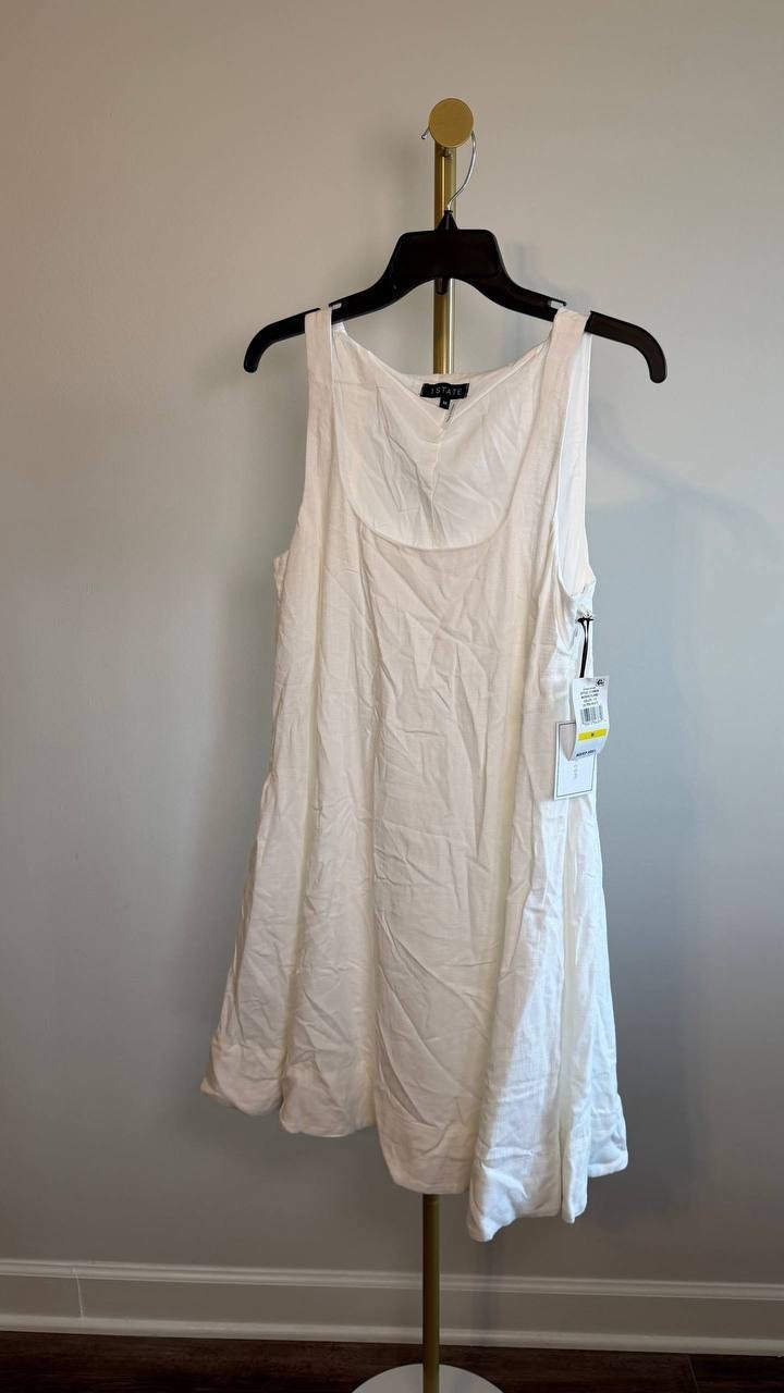 1.STATE Scoop‑Neck Full‑Circle Linen‑Blend Mini Dress White L NWT $99