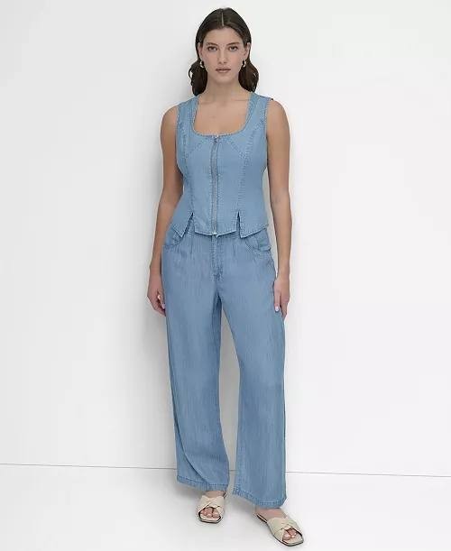 DKNY Zip‑Front Corset Top Light Chambray S NWT $89