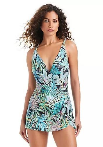 Beyond Control V‑Neck One‑Piece Swim Dress Black Multi 8 NWT $144