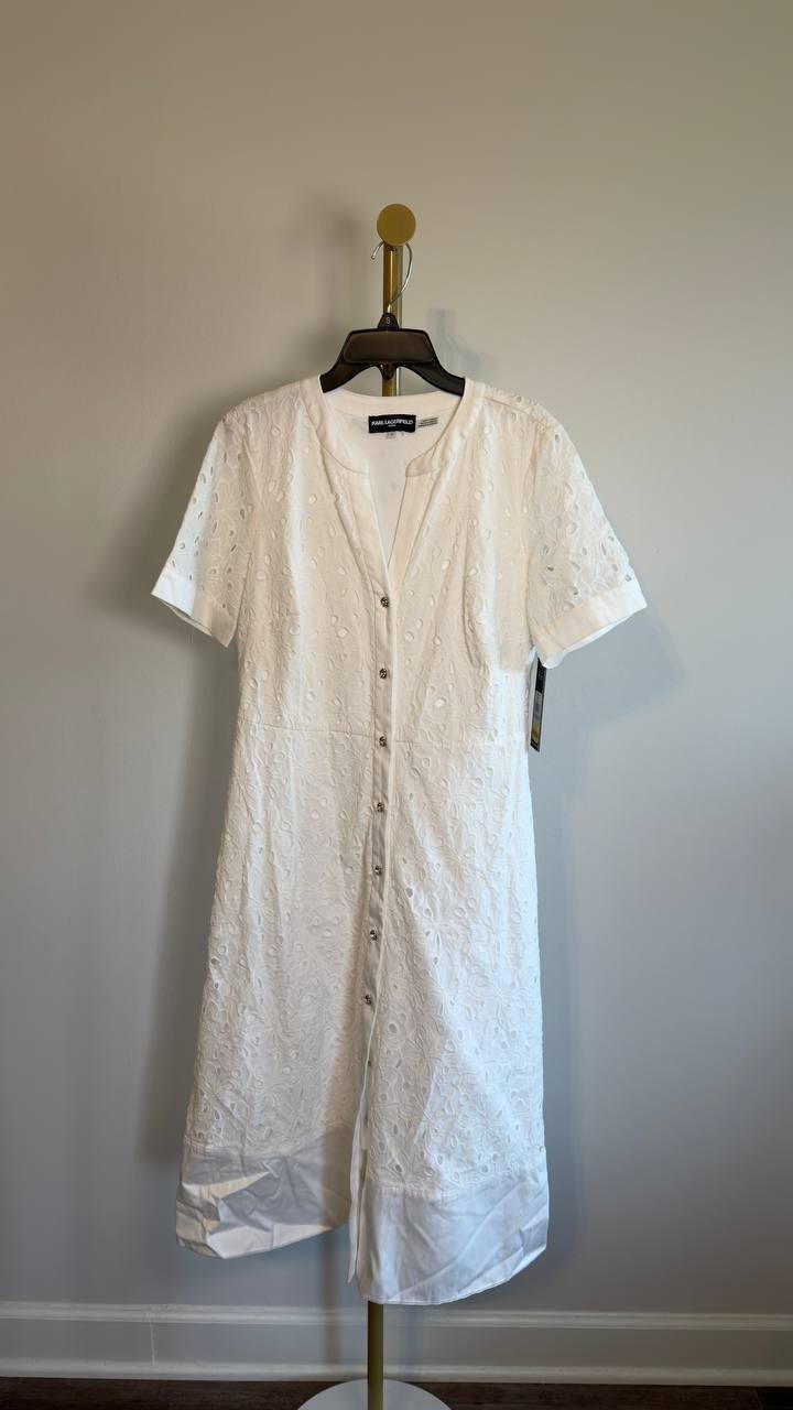 Karl Lagerfeld Cotton Eyelet Button‑Front Dress White 6 NWT $199