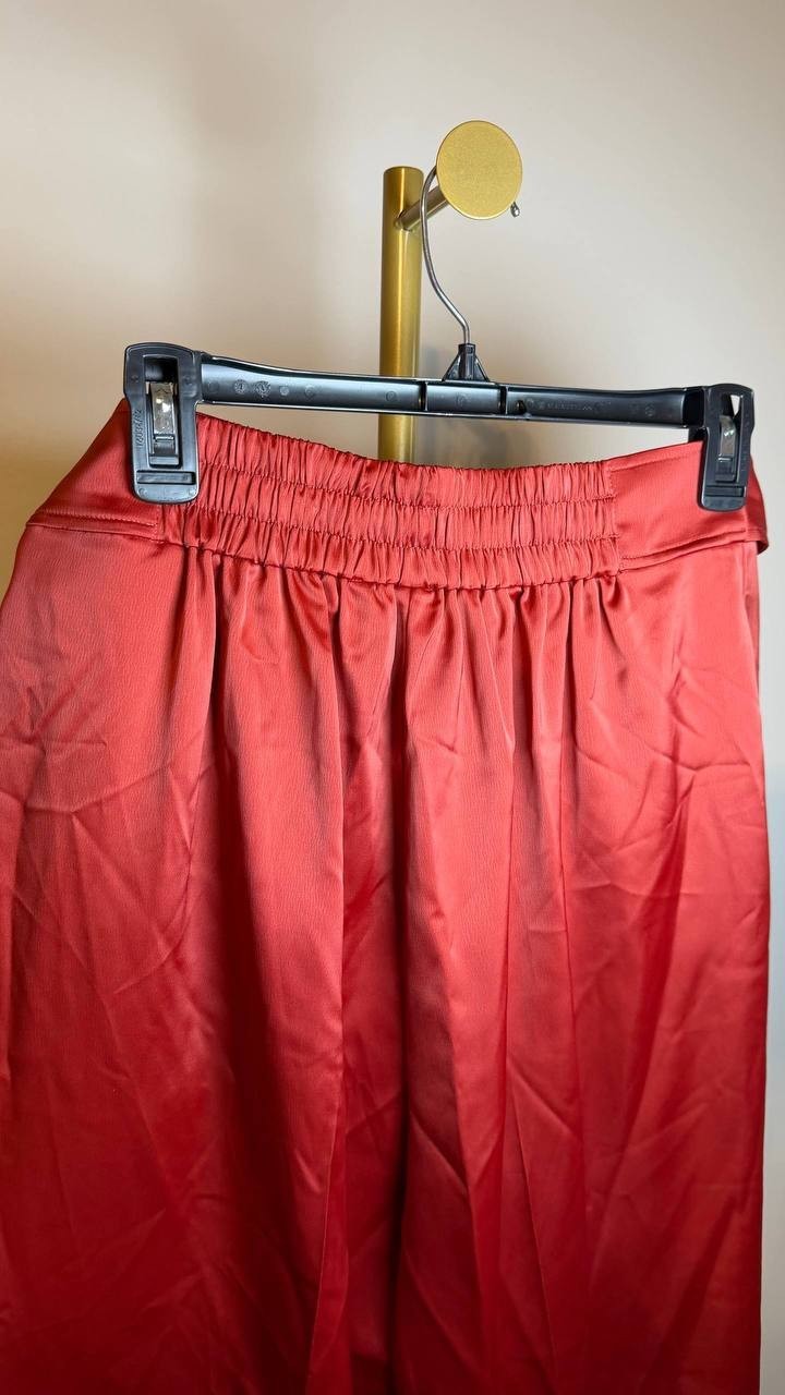 Anne Klein Pull-On High Rise Belted Wide Leg Satin Pants Red L NWT $99
