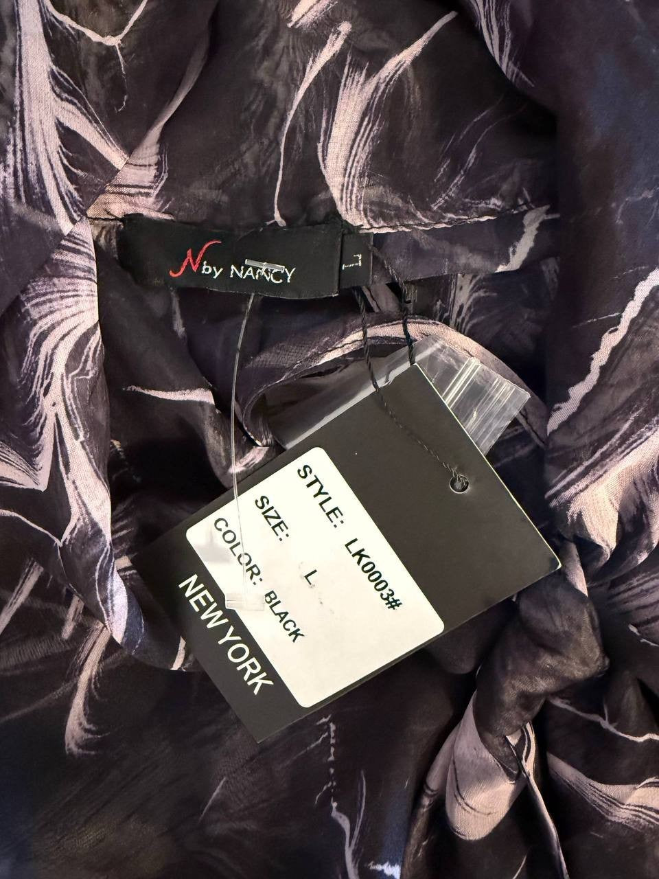 N by Nancy Satiny Sheer Ruffle Tie‑Neck Blouse– Size L -Black– NWT