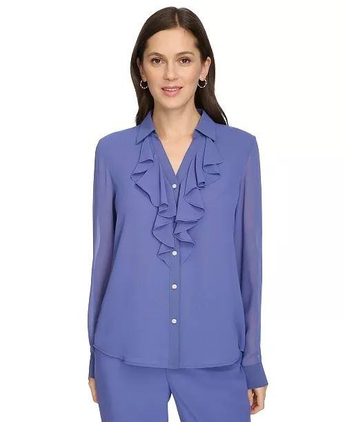 Calvin Klein Petite Ruffle‑Front Long‑Sleeve Blouse – Size PS – NWT – $74
