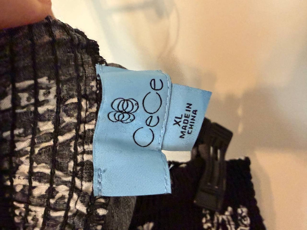 CeCe Smocked‑Waist Midi Skirt Black White Floral XL NWOT  msrp$79