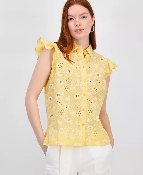 T Tahari Women’s Cotton Eyelet Flutter‑Sleeve Top Yellow $78 NWT