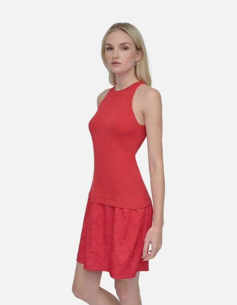 DKNY Sleeveless Fit Flare Dress Red Size M NWT Ribbed Bodice Textured Skirt