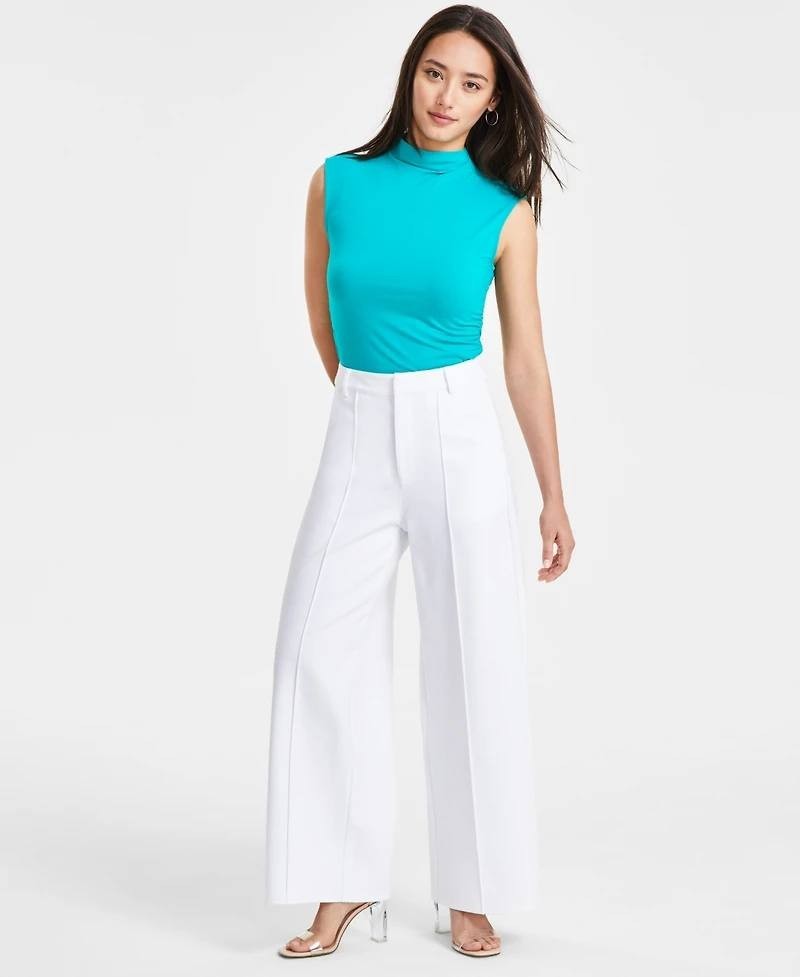 Bar III Women's White Ponte Pants, Seamed Wide-Leg, Petite High-Rise Zipper