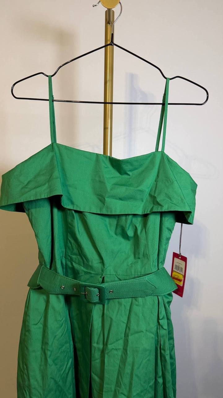 Vince Camuto Cotton Belted Foldover‑Neck Midi Dress Green 12 $168 NWT