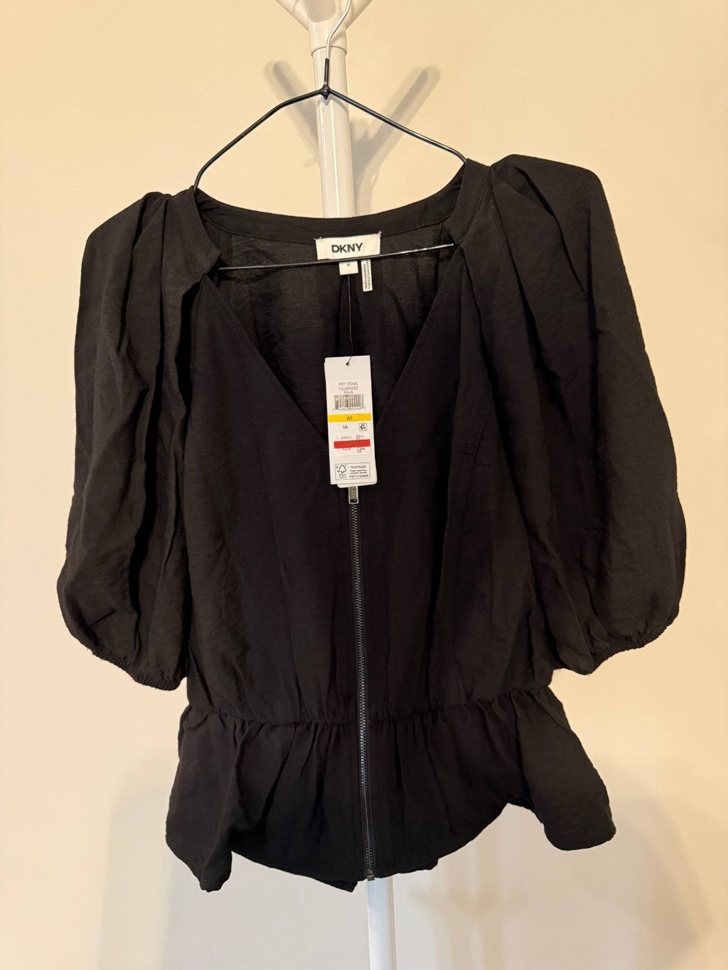 DKNY Women’s V‑Neck Zip‑Front Short‑Sleeve Top – Black – NWT – Sizes XS–XL
