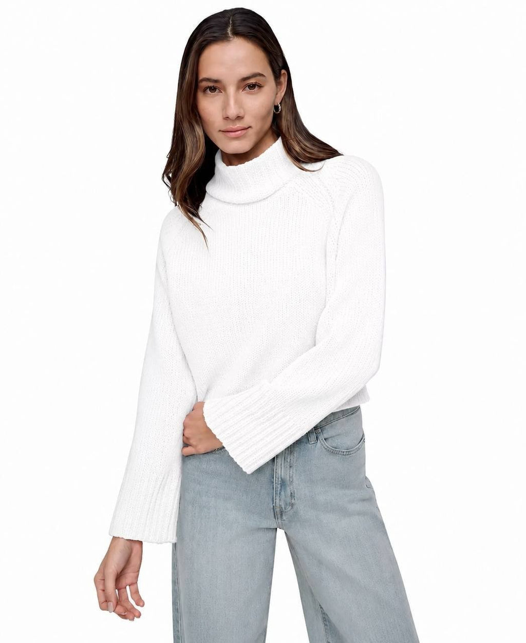 DKNY Jeans Cropped Mock Neck Chenille Sweater Ivory L NWT $79