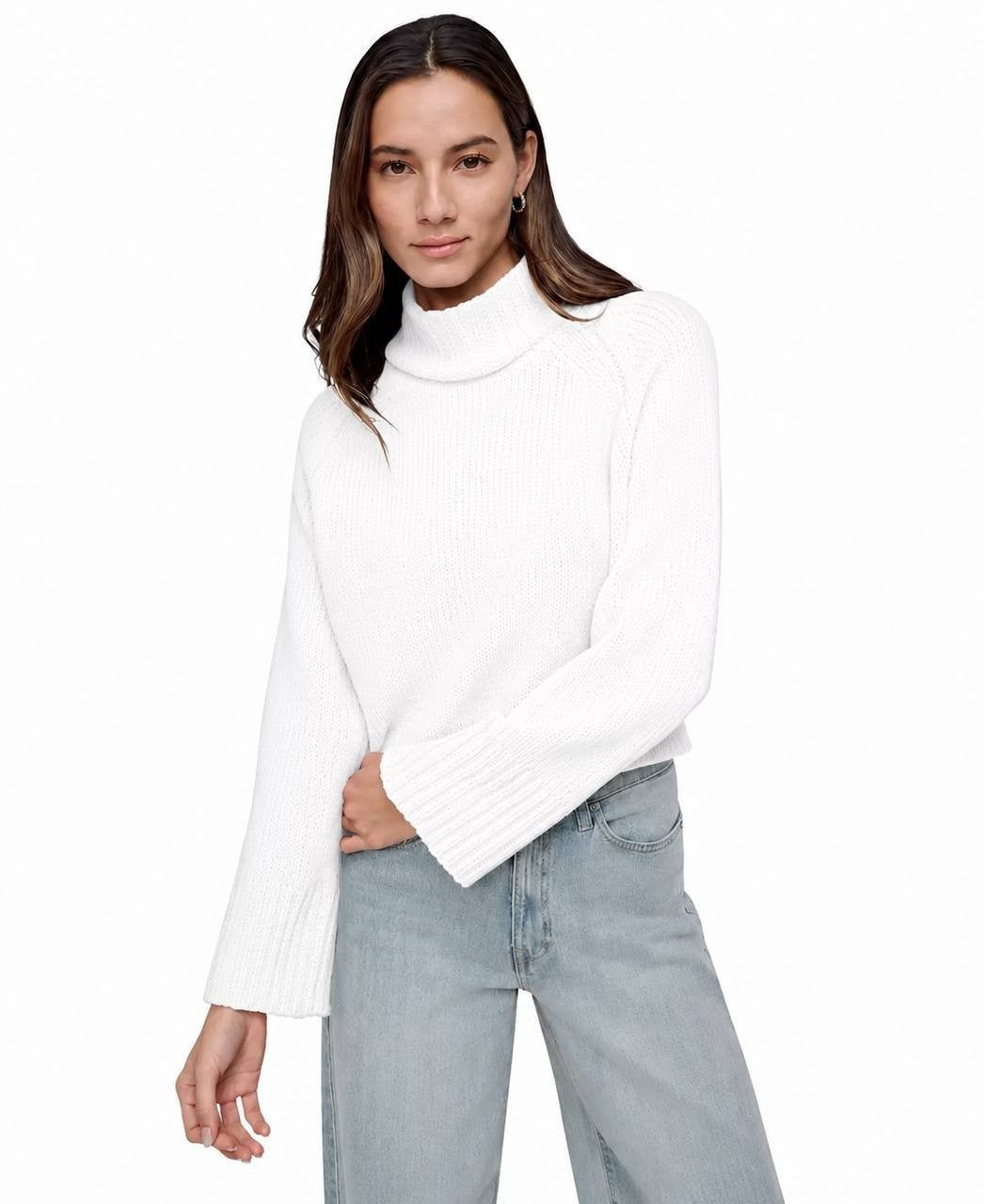 DKNY Jeans Cropped Mock Neck Chenille Sweater Ivory L NWT $79