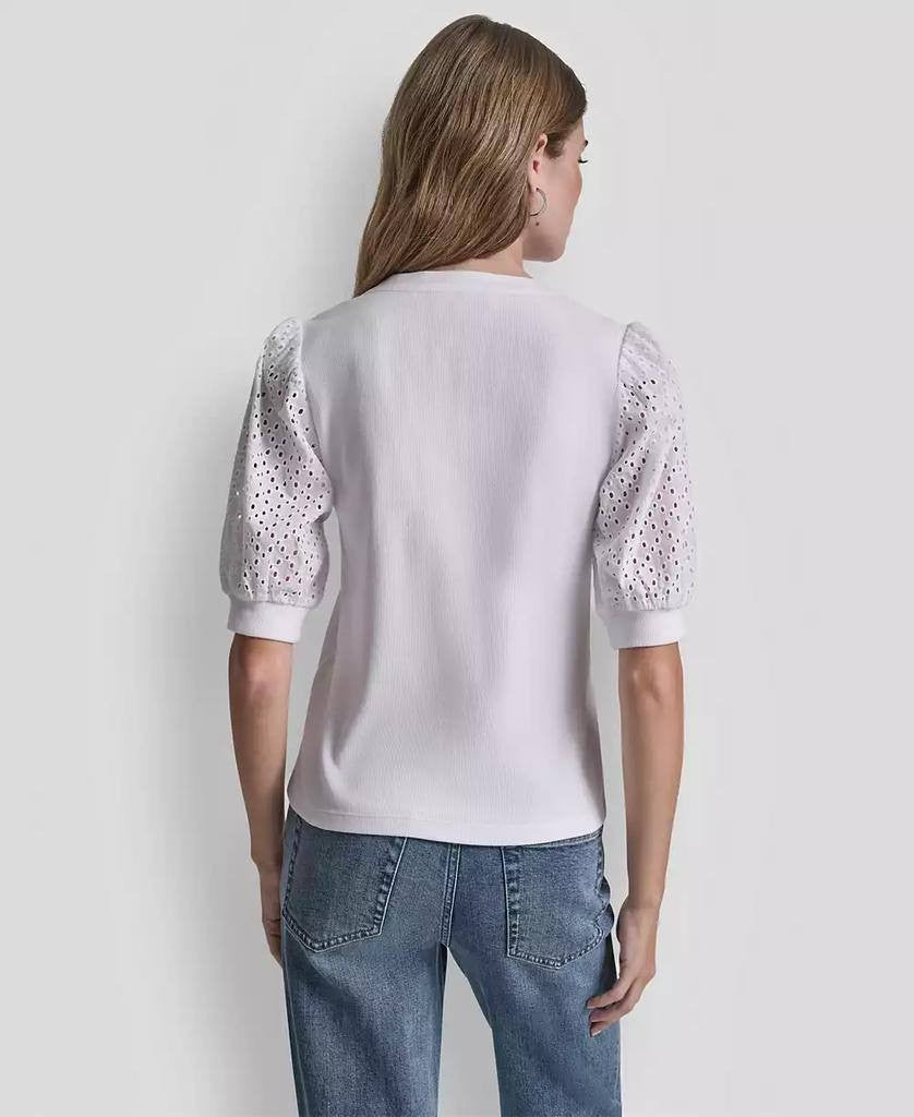 DKNY Jeans Petite Rib Body Eyelet V‑Neck Top White PXS NWT $59