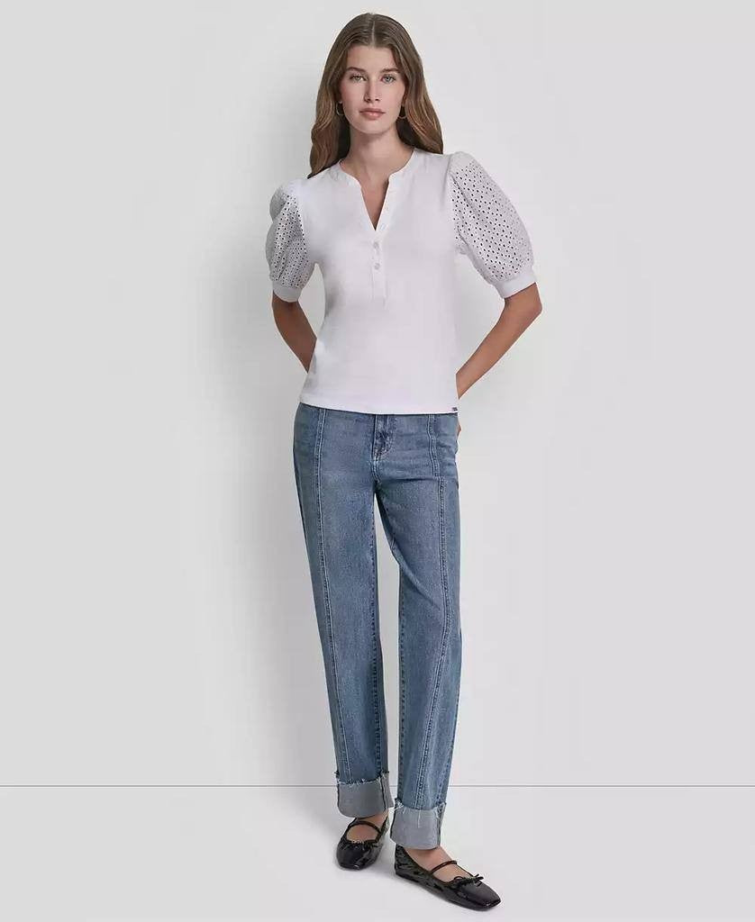 DKNY Jeans Petite Rib Body Eyelet V‑Neck Top White PXS NWT $59