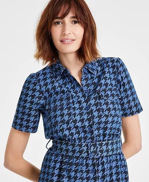 Anne Klein Cotton Midi Dress L Blue Houndstooth Camp Pocket Belted Fit NWT