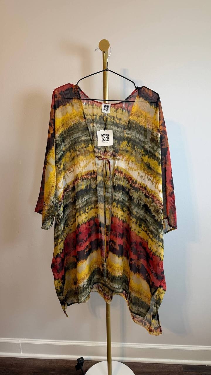 Anne Klein Tie-Dyed Tie-Neck Kimono Red/Yellow 1SZ NWT $89