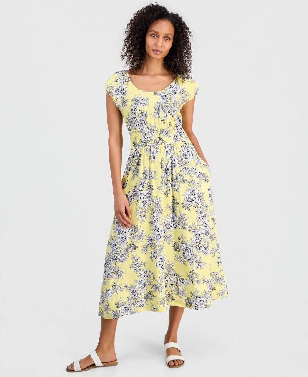 Nautica Printed Toile Puff‑Sleeve A‑Line Dress Sunshine Multi M NWT $119.50