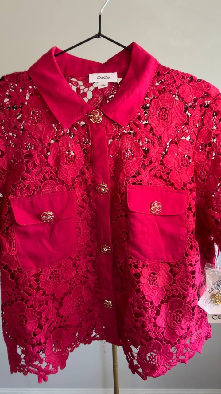 CeCe Lace Short‑Sleeve Button‑Up Top Red M NWT $99