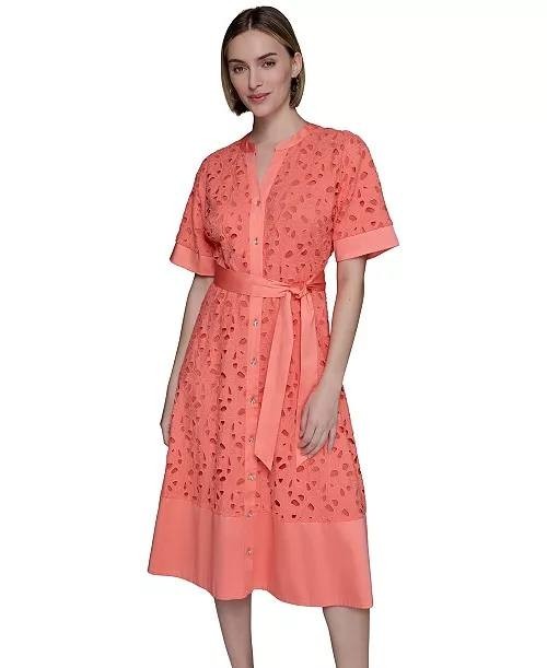 Karl Lagerfeld Paris Petite Eyelet Button‑Front Dress Terracotta 8P NWT $199