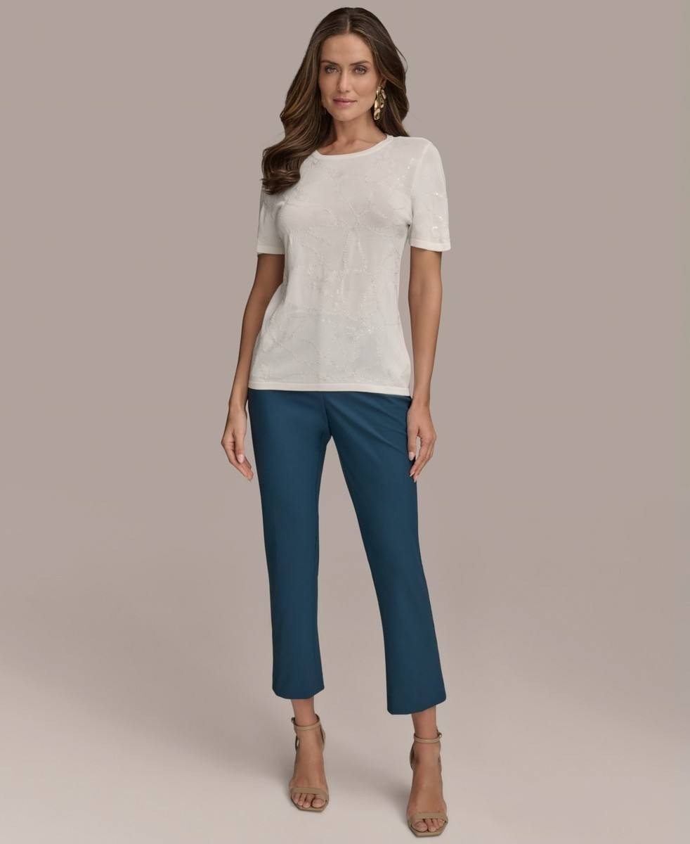 Donna Karan NY Short-Sleeve Sequin Detail Sweater Cream XL NWT $99