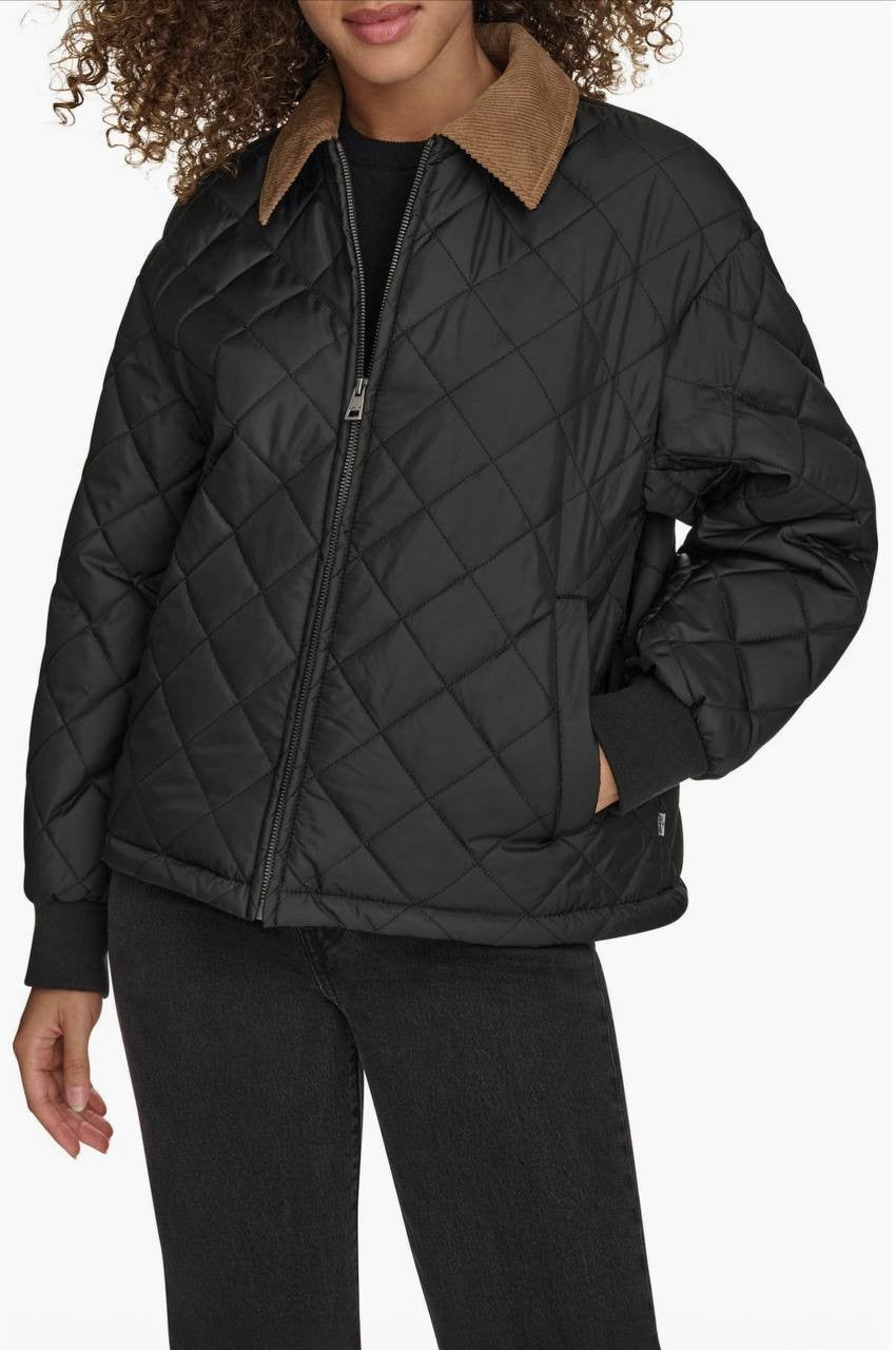 Levi's Quilted Water-Resistant Jacket Black Corduroy Trim Women's Size S