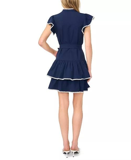 CeCe V‑Neck Ruffle Sleeve Tiered Mini Dress Classic Navy 10 NWT $139