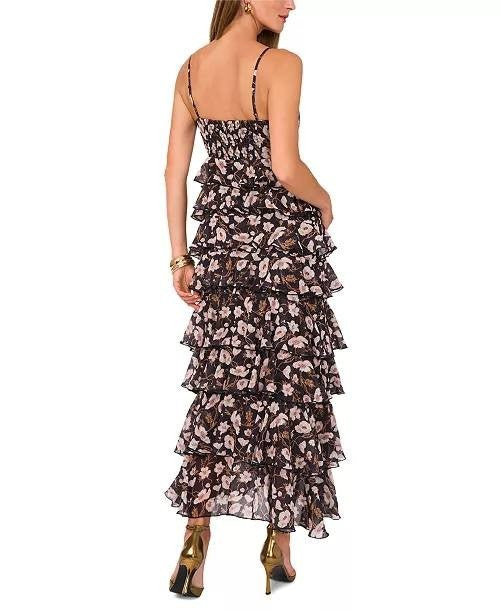 1.STATE V‑Neck Tiered Floral‑Print Maxi Dress Reach Black L NWT $139