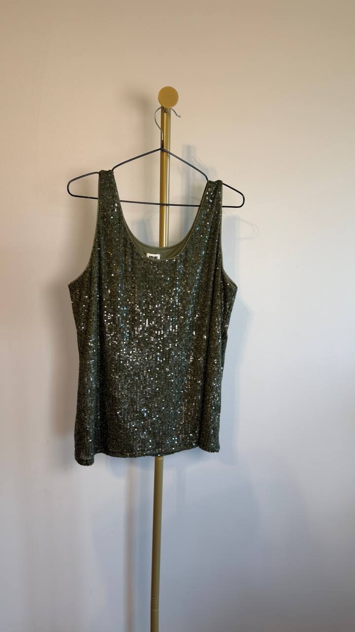 Anne Klein Sequin Double-Scoop Sleeveless Tank Olive Palm L NWT $69