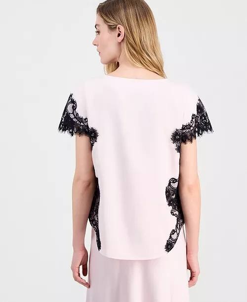 Anne Klein Lace‑Trim Satin Short‑Sleeve Top Soft Blossom L NWT $79