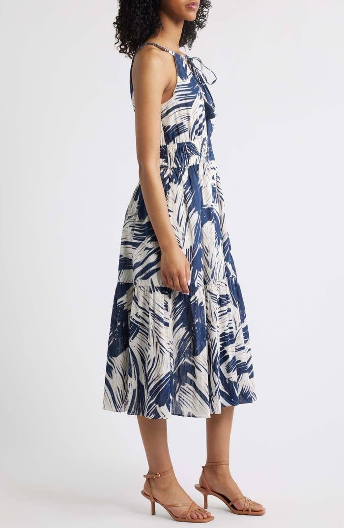 Vince Camuto Women’s Leaf Print Cotton Halter Neck Midi Dress Blue 12 $188 NWT