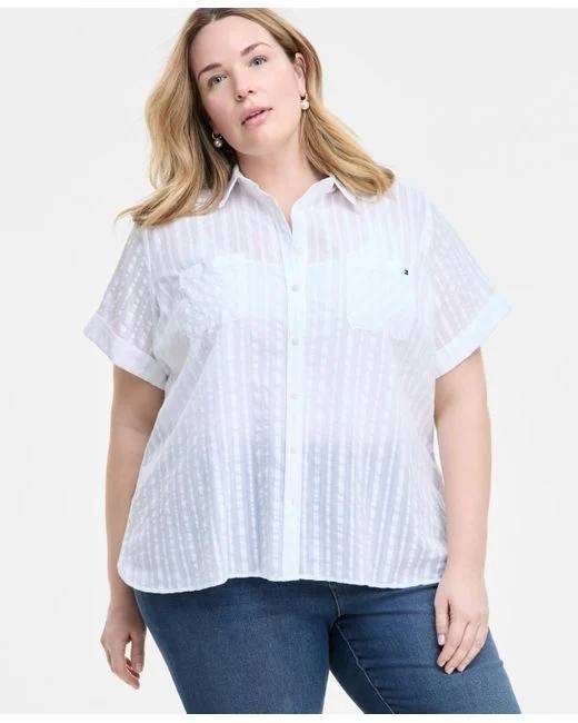 Tommy Hilfiger Plus‑Size Cotton Shadow‑Striped Camp Shirt–White–Size 2X–NWT–$69