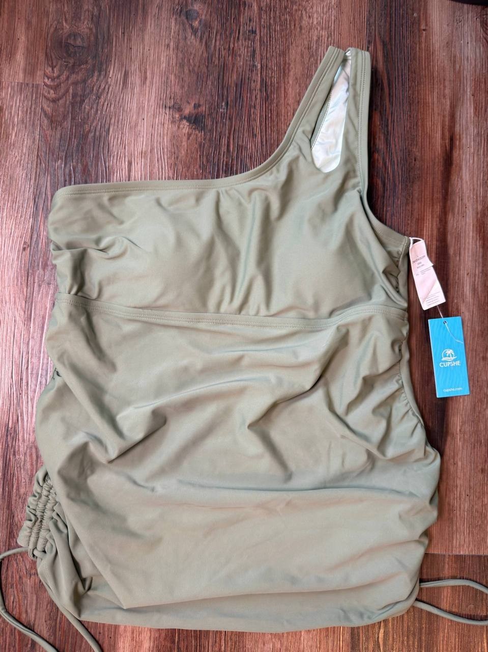 Cupshe Maternity Sage One-Shoulder Tankini Top & Retro Bottoms Set L NWT $48